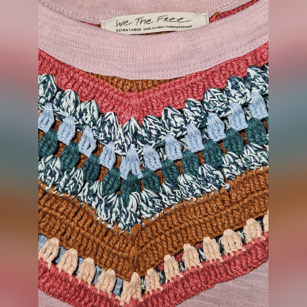 Free People Raglan Style Shirt with Crocheted Chest and Back, size XL